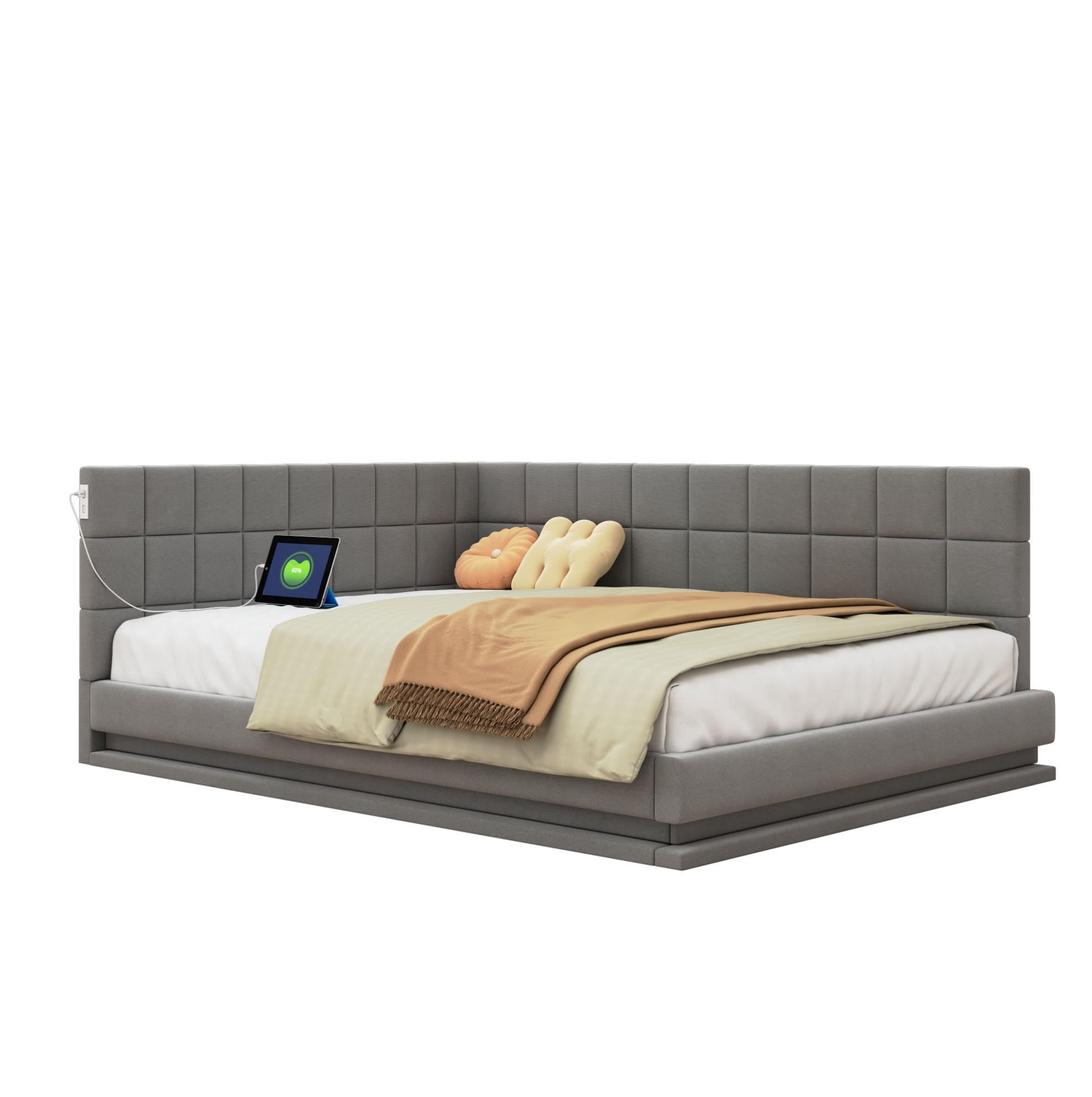 POLSTERBETT 140/200 cm Grau aus Leinen mit LED und USB-Steckdose - Grau, Textil (140/200cm) - OKMYHOME