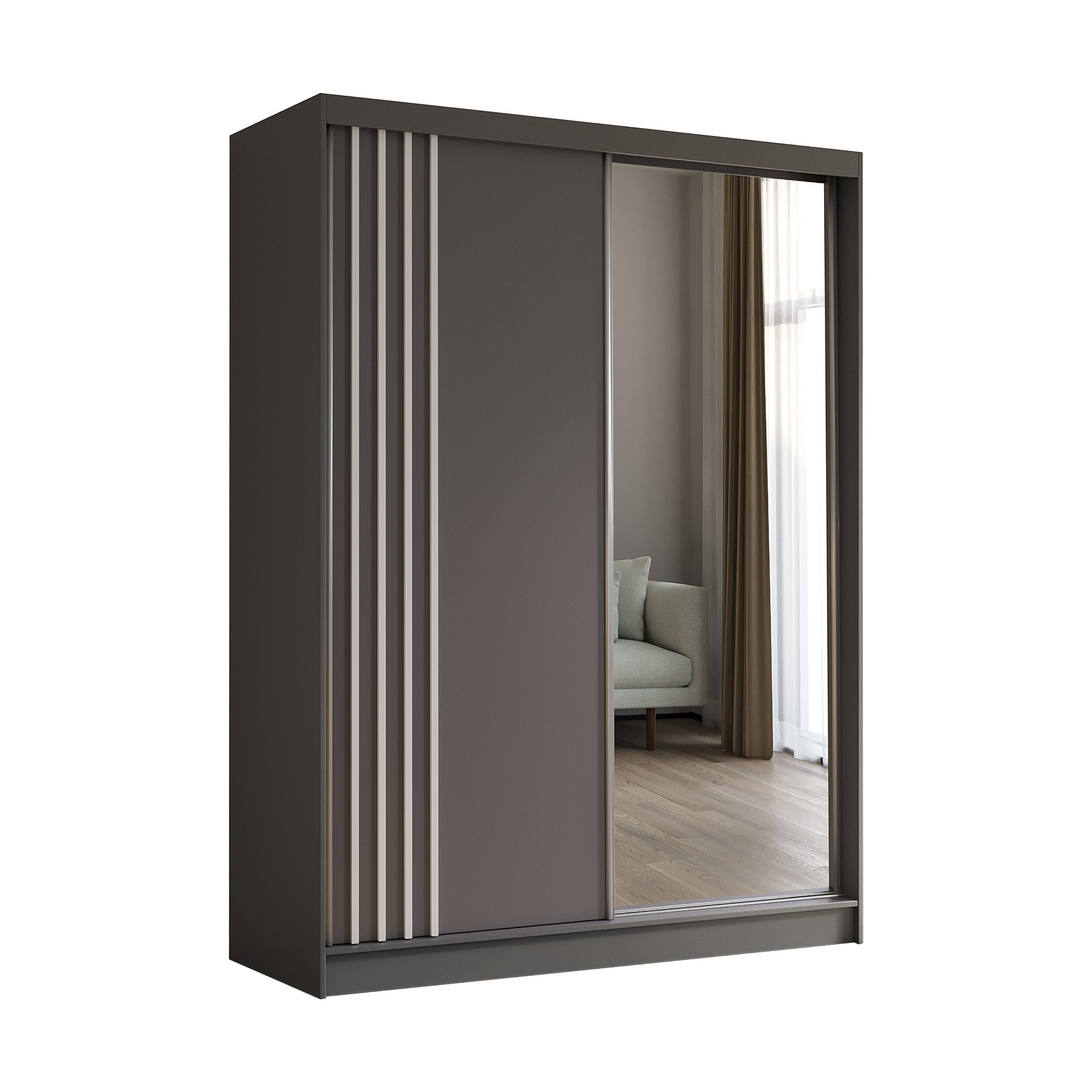 SCHWEBETÜRENSCHRANK Neli 160 cm mit Lamellen und Spiegel 2-türig, grau, grau, Lamelle weiß - Weiß/Grau, Kunststoff (160/216/61cm) - Margaret Hadas24