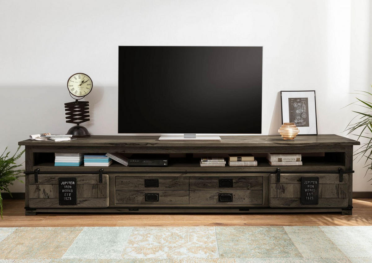 TV-BOARD Mango 260x50x60 grau lackiert RAILWAY #255 - Grau, Holz (260/60/50cm) - Massivmoebel24