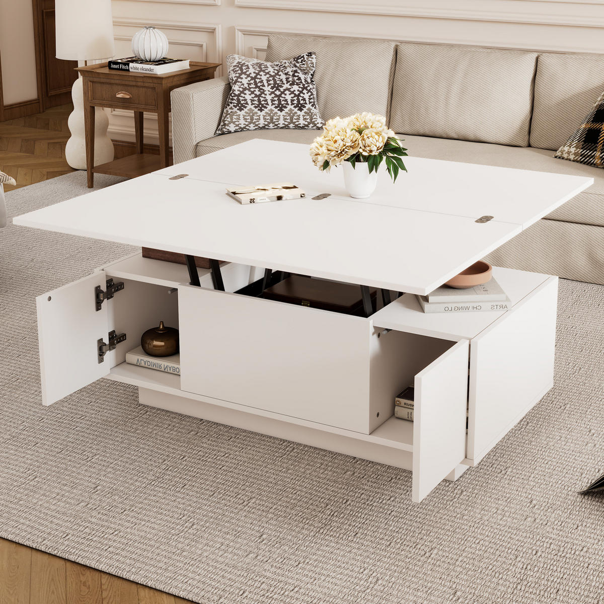 COUCHTISCH aus Spanplatte 100x50x43 cm Weiß mit Doppel-Hebemechanismus und verstecktem Stauraum - Weiß, Holzwerkstoff (100/50/43cm) - Modfu