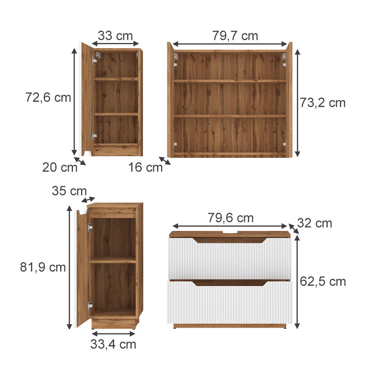 BADMÖBEL-SET Lotta Eiche/weiß gestreift 4 Teile - Eichefarben/Weiß, Holzwerkstoff (79.6/62.5/32cm) - Vicco