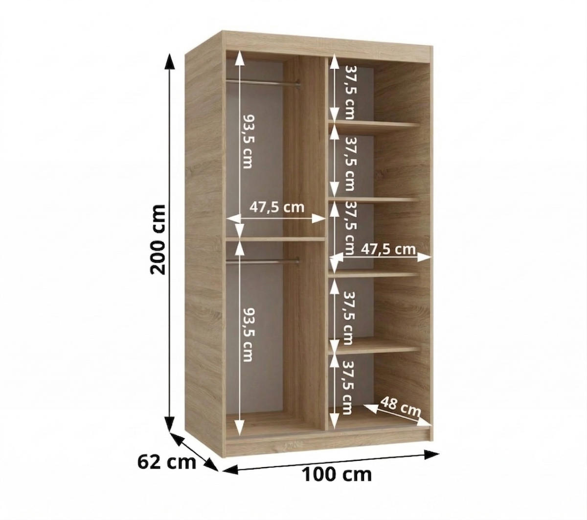 SCHIEBETÜRENSCHRANK mit Spiegel SPOTI 200/100/62 2-türig - Silberfarben/Sonoma Eiche, Holz (100/200/62cm) - MÖBEL KRYSPOL