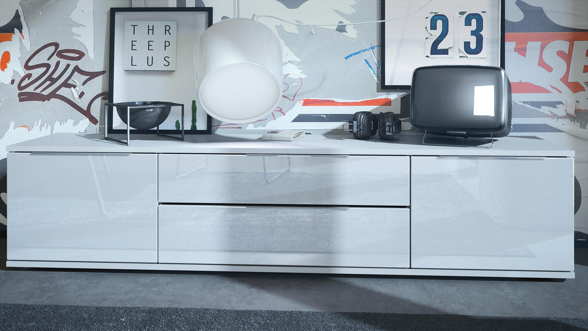 LOWBOARD Linio Weiß Hochglanz - Weiß Hochglanz, Holzwerkstoff (166.5/37.5/35cm) - Vladon