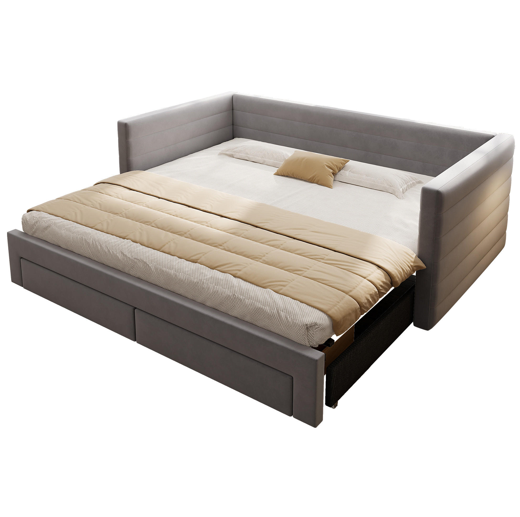 POLSTERBETT 90/180/190 cm Grau aus Baumwolle und Leinen mit 2 Schubladen - Grau, Textil (90/190cm) - OKMYHOME