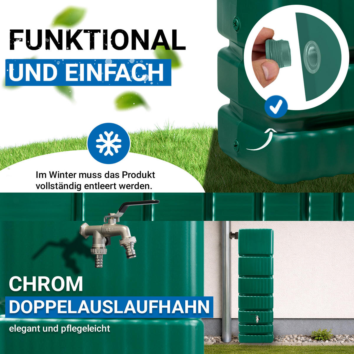 REGENTONNE Wandtank Komplett-Set 350 L, dunkelgrün inkl. Chrom-Doppelauslaufhahn und Fallrohranschluss - Grün, Kunststoff (39/184/60cm) - 4rain
