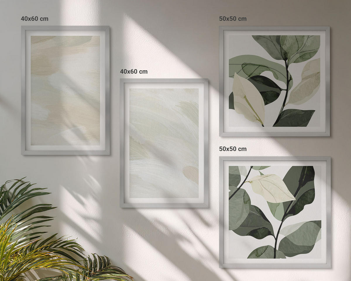 BILDER SET 4er Set - 50x50 cm & 40x60 cm Silberner Rahmen - Leuchtende, abstrakte Boho-Farben - Silberfarben, Kunststoff (50/50cm) - TULUP