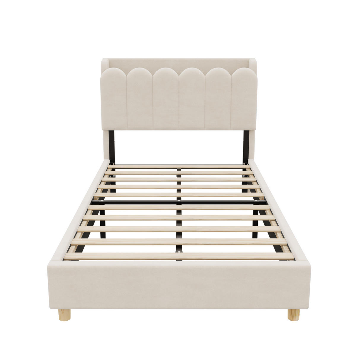 BETT 90/200 cm in Beige aus Samt mit Lattenrost und USB- und Type-C-Anschlüssen - Beige, Textil (90/200cm) - Flora Grace