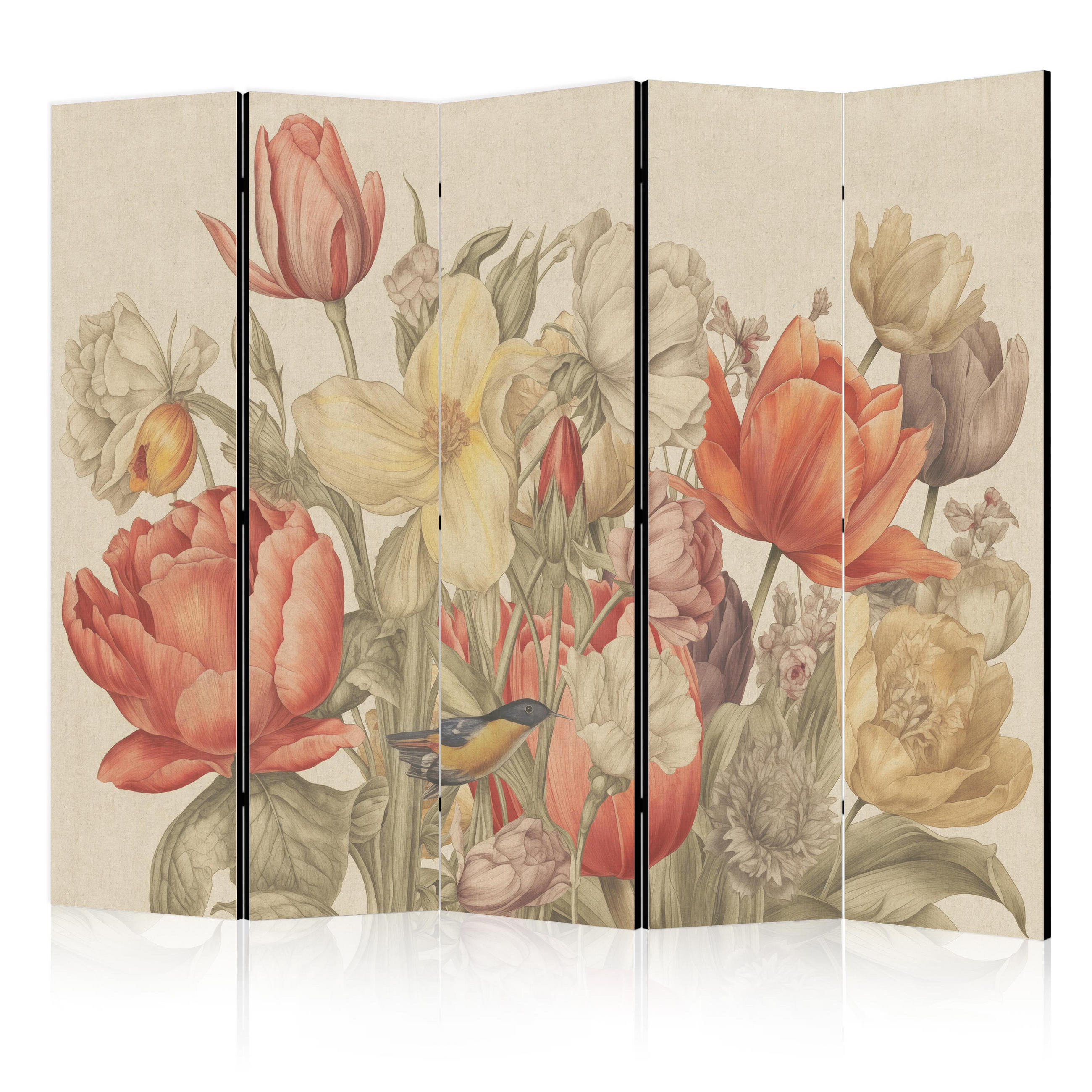 PARAVÁN Obojstranný 5-dielny 225x172 cm Retro Tulipány - viacfarebná, drevo/textil (225/172/3cm) - Muralo