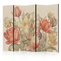 PARAVÁN Obojstranný 5-dielny 225x172 cm Retro Tulipány - viacfarebná, drevo/textil (225/172/3cm) - Muralo