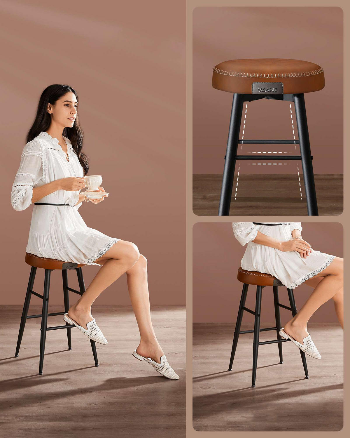 BARHOCKER Metall Kunstleder Braun Schwarz 2er Set 76,2x51,6x33 cm - Schwarz/Braun, Holzwerkstoff/Textil (33/76/33cm) - Begryf