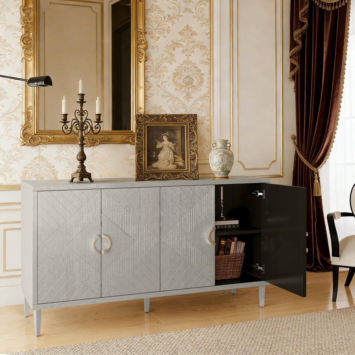 SIDEBOARD Champagner-Optik, 4 Türen mit Innenfächern, Strukturfronten und Ringgriffen, 152/40/82,5 cm - Silberfarben, Holzwerkstoff (152/82.5/40cm) - WISHDOR