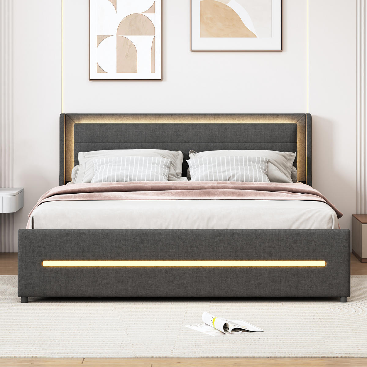 POLSTERBETT 160/200 cm DE-01937, in Grau, mit LED-Beleuchtung und 4 Schubladen - Grau, Metall (160/200cm) - ComfortXL