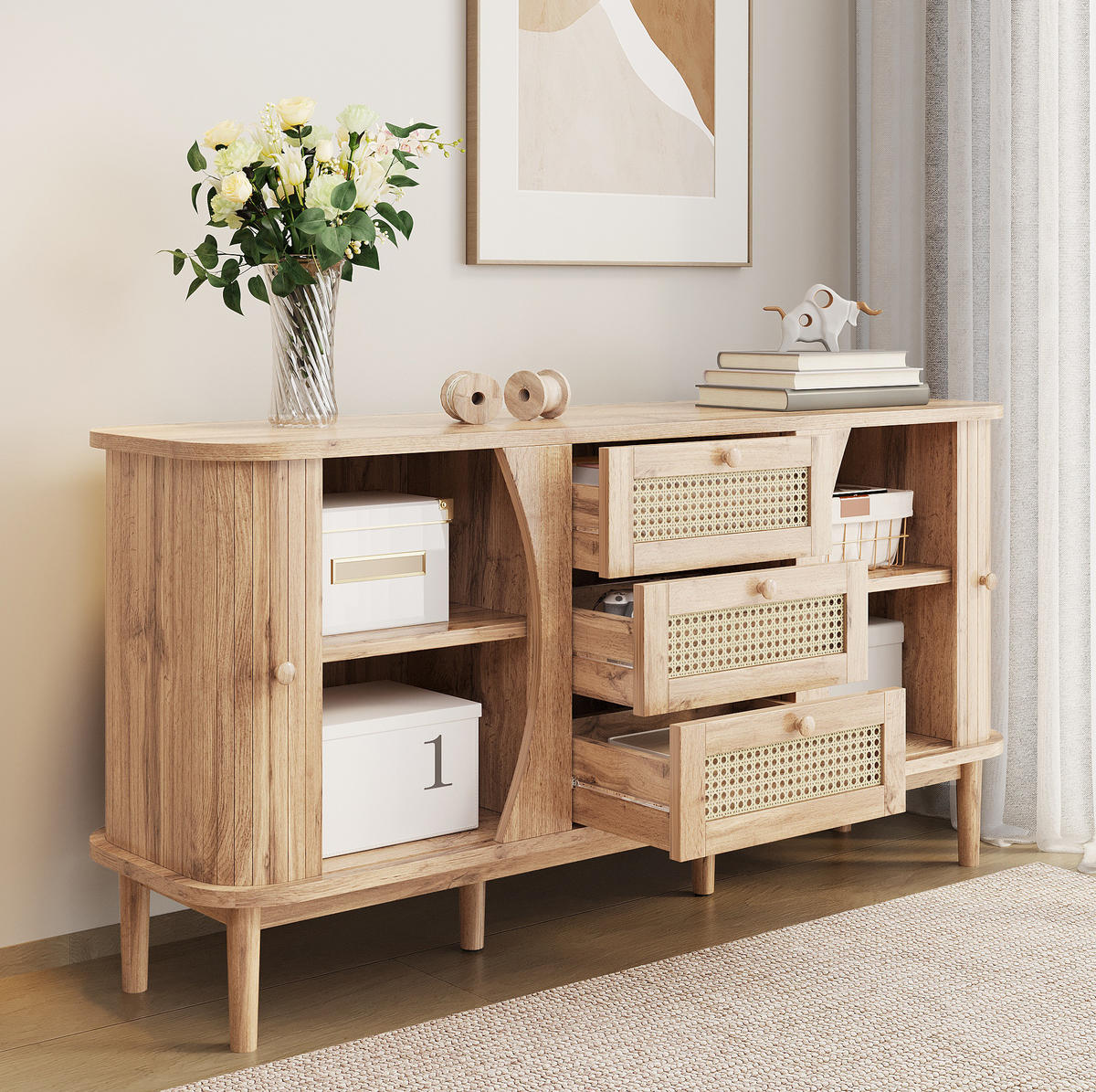 KOMMODE 140,5/40/76 cm mit 3 Schubladen und Rattanfronten - Naturfarben, Holzwerkstoff (140.5/40/76cm) - BEAOK