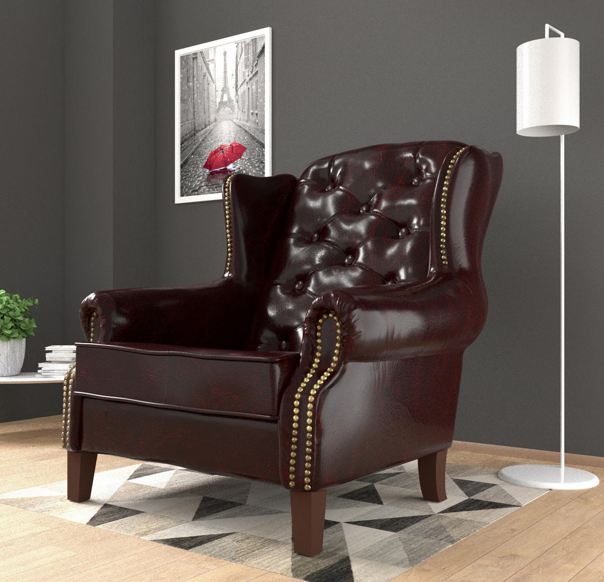 CHESTERFIELD-SESSEL Lento Rotbraun vegan Leder - Bordeaux/Braun, Holz/Textil (102/102/93cm) - S-Style Möbel