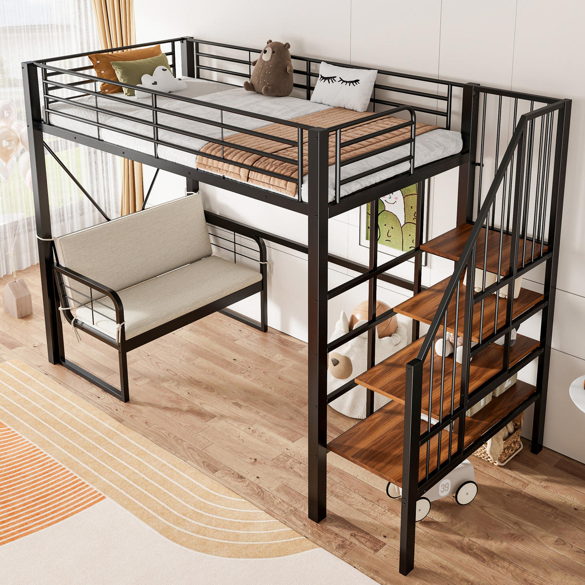 HOCHBETT 90/200 cm aus Metall und MDF mit Stauraumleiter, Schwarz - Schwarz, Metall (90/200cm) - OKMYHOME