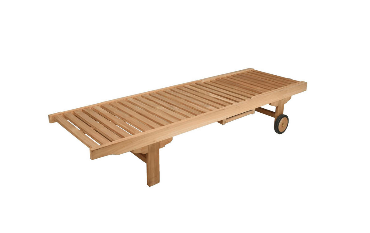 SONNENLIEGE Leo Verstellbar mit Ablagebord Natur Teak Gartenliege mit Rollen - Naturfarben, Holz (64.5/85/198cm) - DELUKE