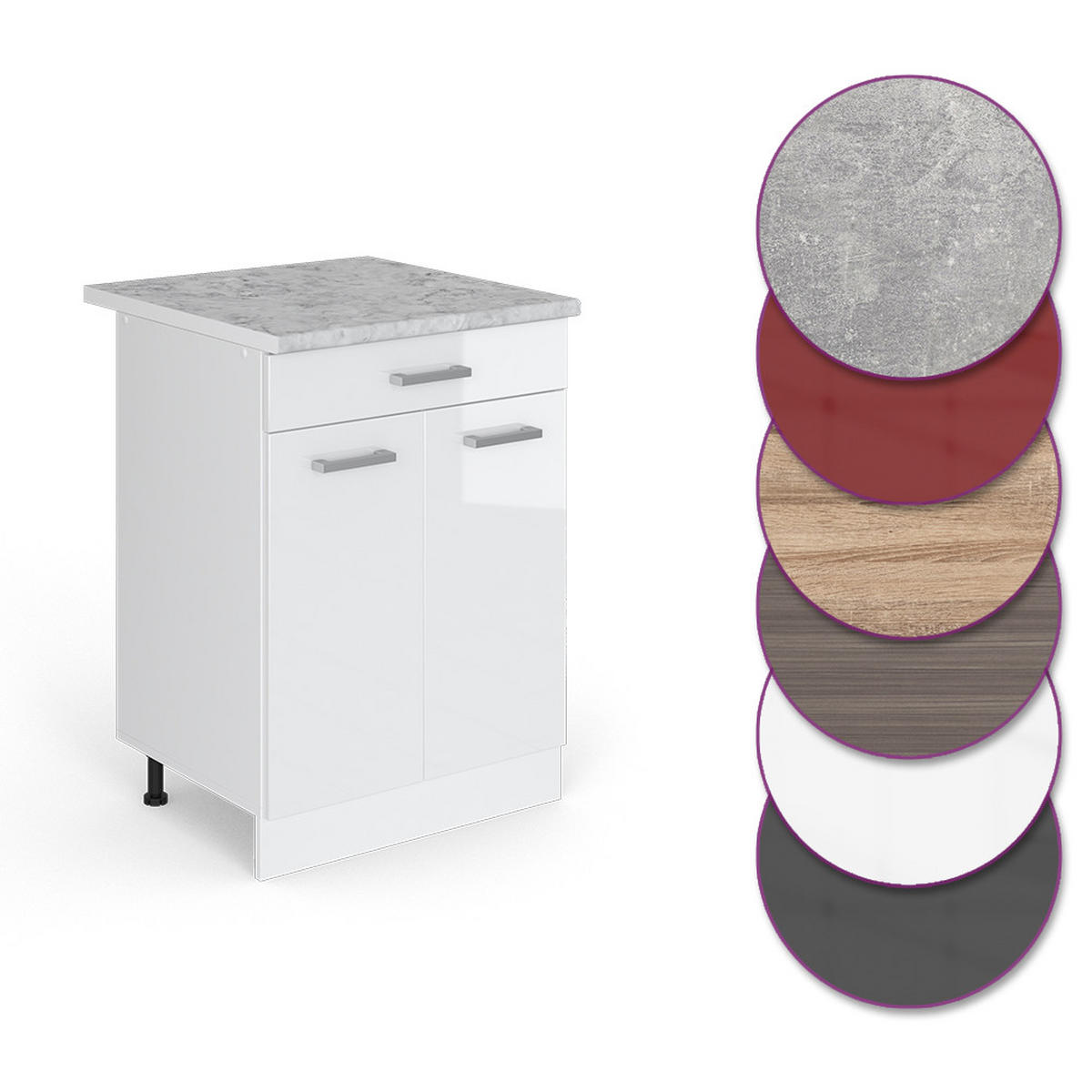 KÜCHENUNTERSCHRANK R-Line Weiß Hochglanz 60 cm mit Schublade AP Marmor - Weiß Hochglanz/Weiß, Holzwerkstoff (60/81.6/60cm) - Vicco