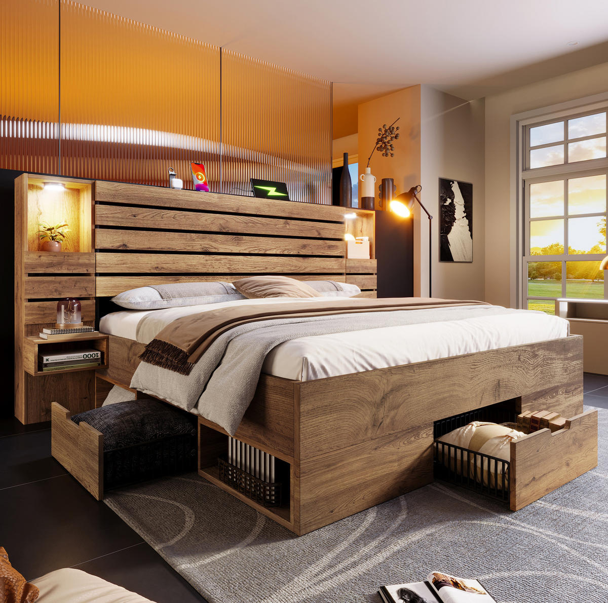 POSTEL 180/200 cm s LED osvětlením, USB a USB-C porty, úložným prostorem a závěsnými nočními stolky, Dub - barva dubu, kompozitní dřevo (180/200cm) - Redom