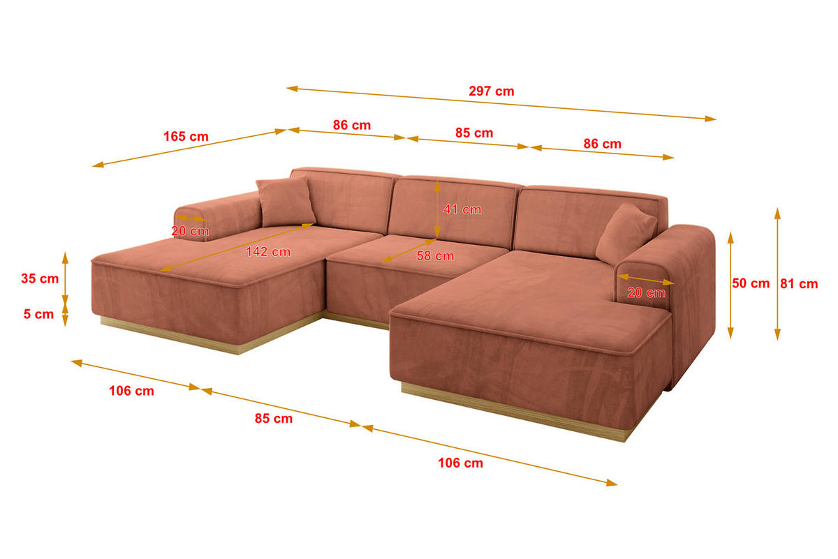 WOHNLANDSCHAFT IREA-U1-v2 - 297x165x81 cm Apricot - Koralle, Holzwerkstoff/Textil (297/81/165cm) - ALTDECOR