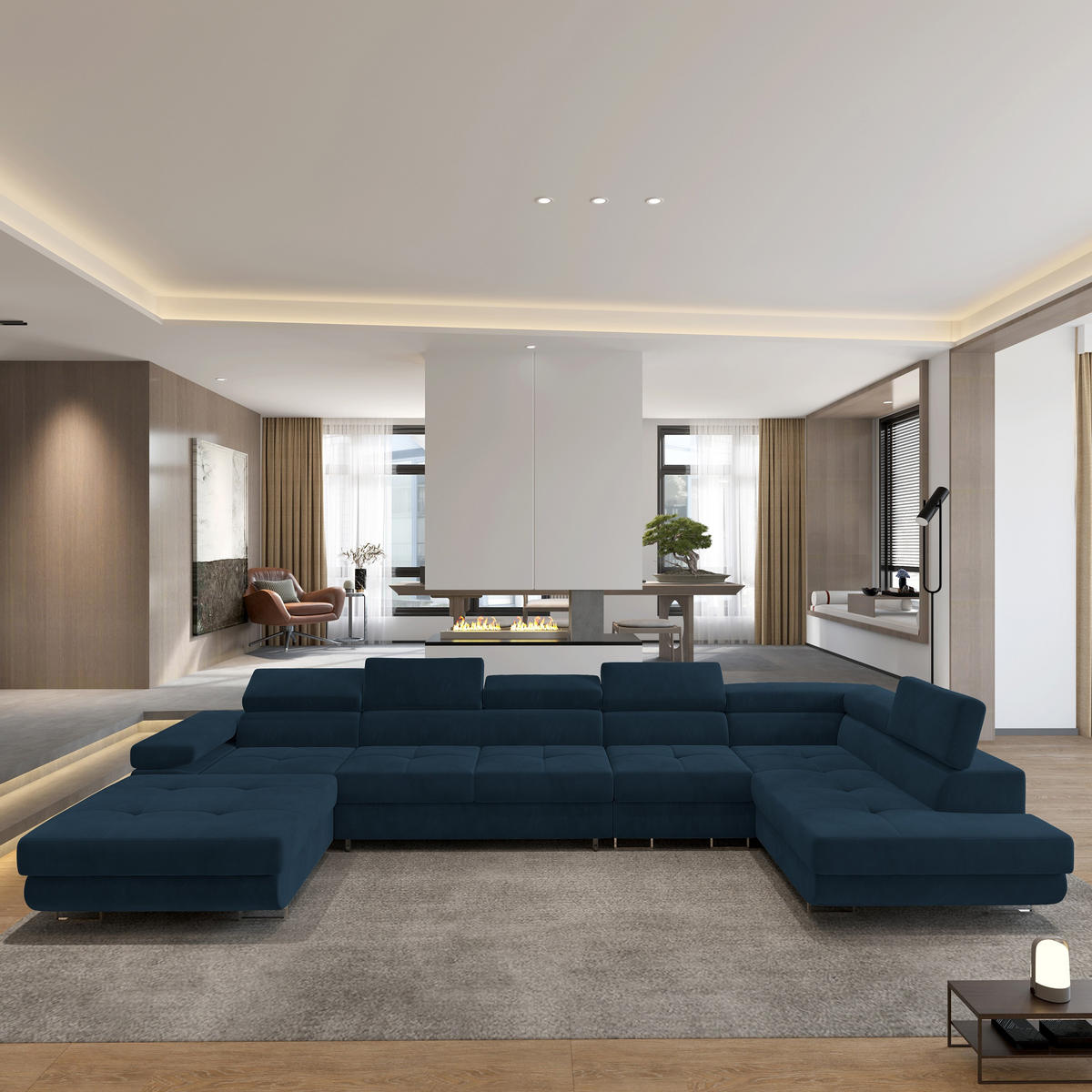 ROHOVÁ SEDAČKA VELORA modrá - modrá/stříbrná, kov/dřevo (419/90/202cm) - MASSENO