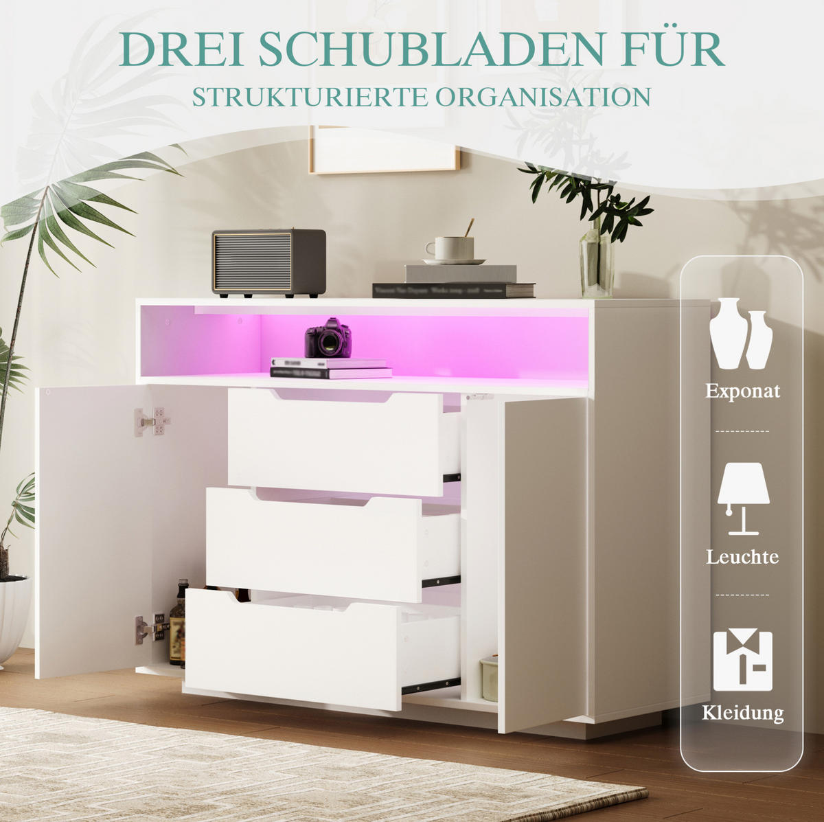 SIDEBOARD 120/40/85 cm Weiß aus Holzwerkstoff mit LED-Beleuchtung - Weiß, Holzwerkstoff (40/85/120cm) - OKMYHOME