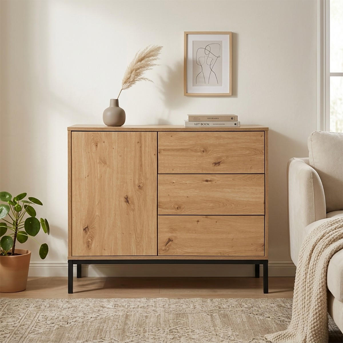 KOMMODE 1 Tür 3 Schubladen Eiche-Dekor FSC-zertifiziert 40/80/90 cm - Eichefarben, Holzwerkstoff (90/80/49.5cm) - Calicosy