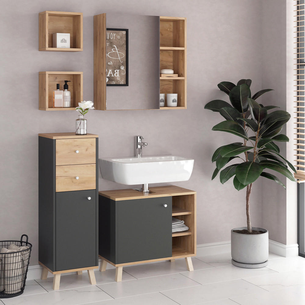 BADMÖBEL-SET Senyo Anthrazit 4 Teile - Honigeiche/Anthrazit, Holzwerkstoff (62/54/32cm) - Vicco