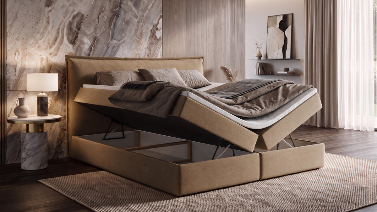 BOXBETT ARENO 200x200 cm Komplett-Set mit Bettkasten, Bonell-Matratze H3 und Topper - Braun - Braun, Textil (200/200cm) - Luxkor24
