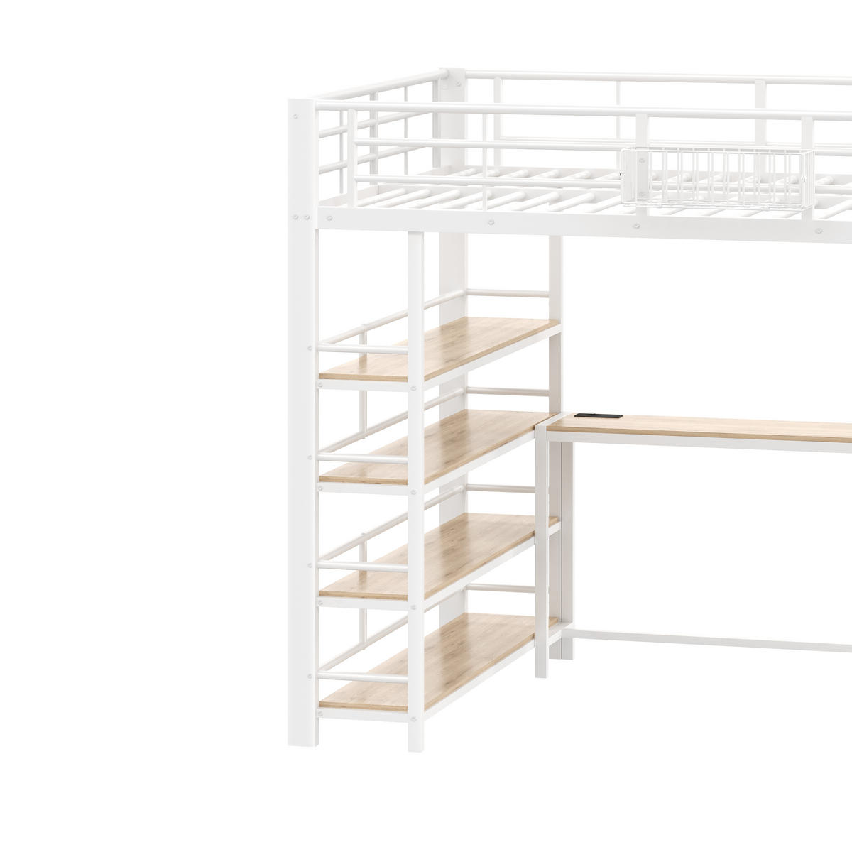 HOCHBETT 140/200 cm in Weiß mit integriertem Schreibtisch, 4-stöckigem Regal, LED und Ladestation aus Metall und MDF - Weiß, Holzwerkstoff/Metall (140/200cm) - STILVORA