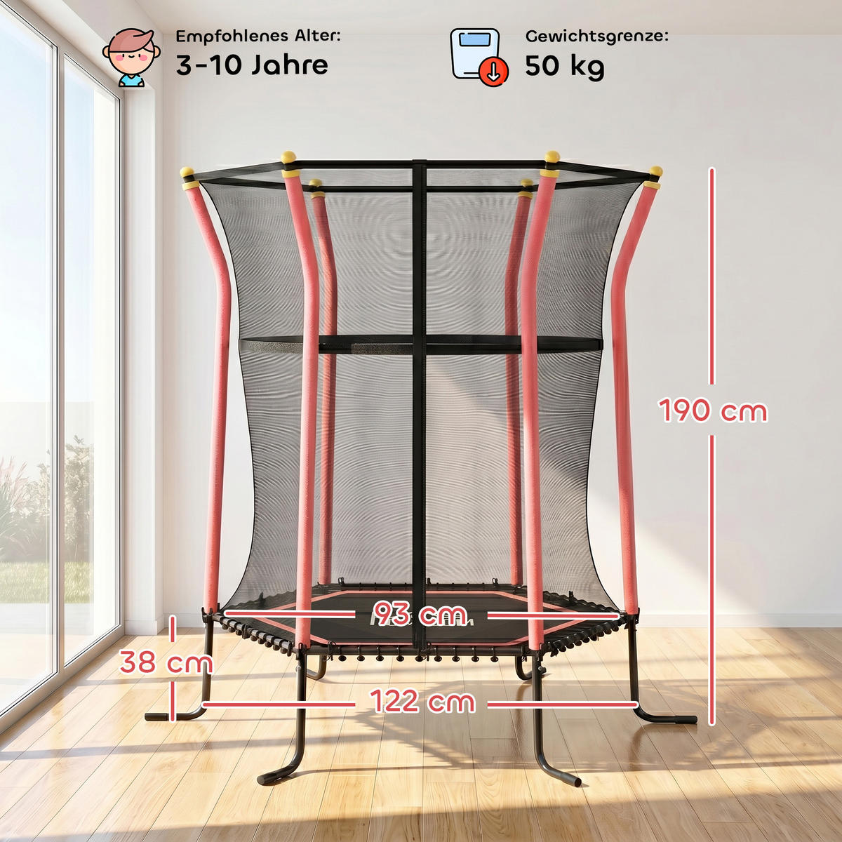 DĚTSKÁ trampolína Ø 163,5 cm, trampolína do interiéru, dětská trampolína do 50 kg, červená - červená, kov (111/122cm) - HOMCOM