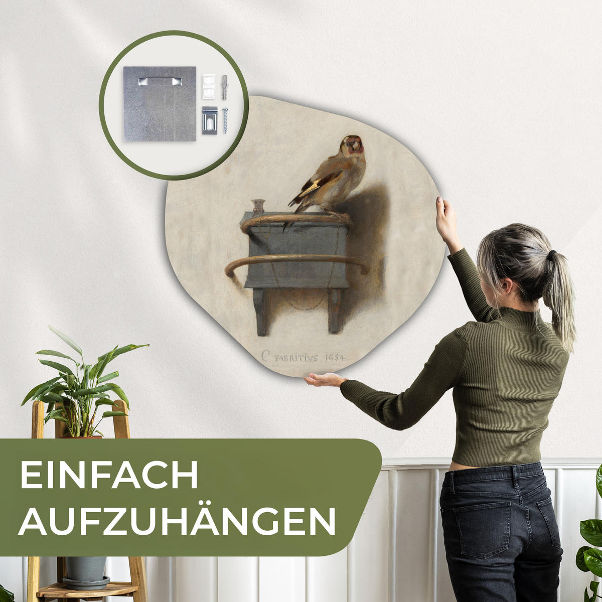 WANDBILD Stieglitz - Alter Meister - Carel Fabritius 90x90 cm - Grau, Kunststoff (90/90cm) - MuchoWow