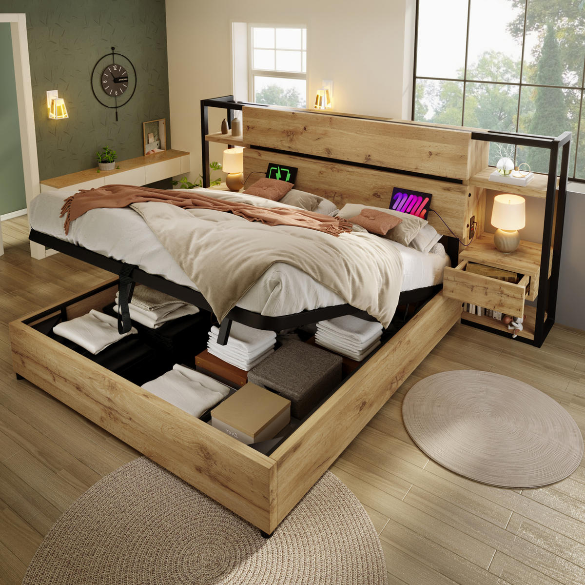 BETT 160/200 cm mit Bettkasten, Kopfteil mit Schubladen & USB/Type‑C, Eiche/Schwarz - Eichefarben, Holzwerkstoff (160/200cm) - Redom