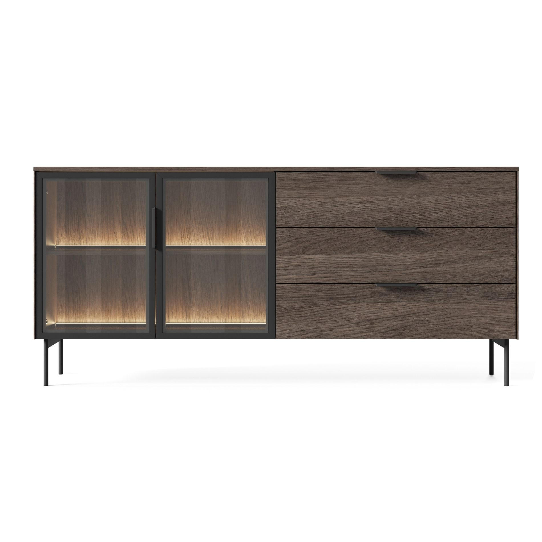 SIDEBOARD Lumi 2-türig mit Glasfronten Eiche Dunin 181 cm - Dunkelbraun/Schwarz, Holzwerkstoff/Metall (181.3/82.6/39.3cm) - Selsey