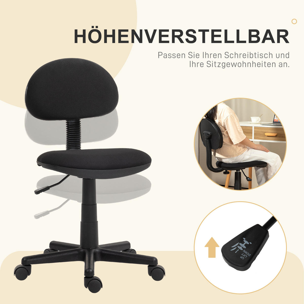BÜROSTUHL Polyester Schaumstoff Schwarz - Schwarz, Kunststoff (43/85/51cm) - HOMCOM