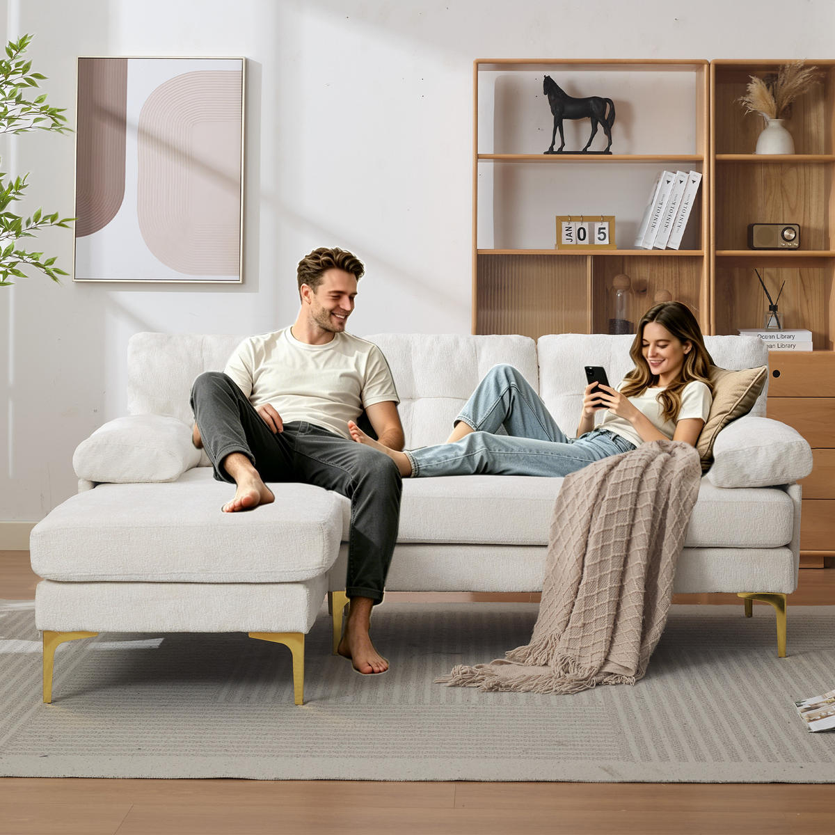 L-FÖRMIGES ECKSOFA Beige 187,5/130/79 cm 3-Sitzer Chenillebezug - Beige, Holz (187.5/130cm) - PANGIVO