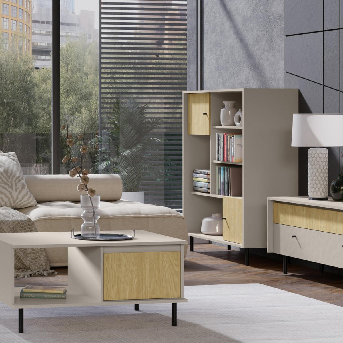 VITRINE Monako mit 2 Schubalden und 3 Türen, Beige Sand - Eichefarben/Beige, Holzwerkstoff/Metall (103/125/42cm) - Beautysofa