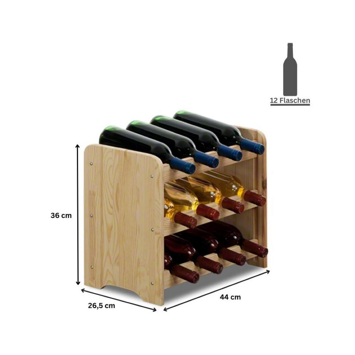 WEINREGAL Pinotwine C 36x44x26,5 cm 12 Flaschen Massives Kiefernholz Natur Unbehandelt - Naturfarben, Holz (44/36/26.5cm) - PROREGAL