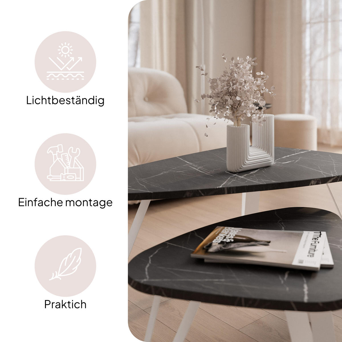 SATZTISCH NOA Stahlgestell, Freiform, Weiß / Grigia Pietra - Weiß/Grau, Holzwerkstoff/Metall (94/60/42cm) - Idohome