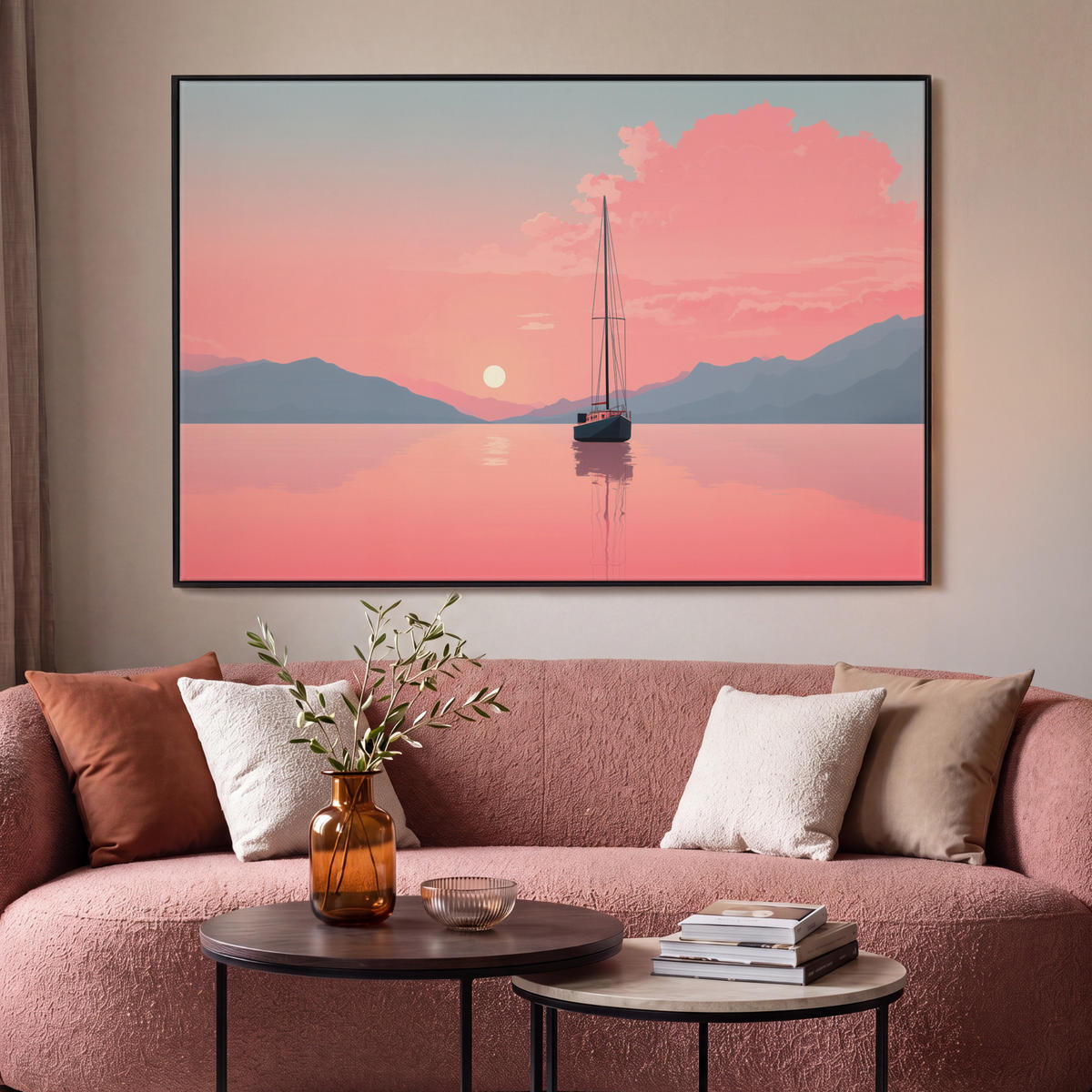 LEINWAND Bilder mit Rahmen - Segelboot - Rosa Meer - Sonnenuntergang - Berge - 150x100 - Rosa, Textil (150/100cm) - MuchoWow