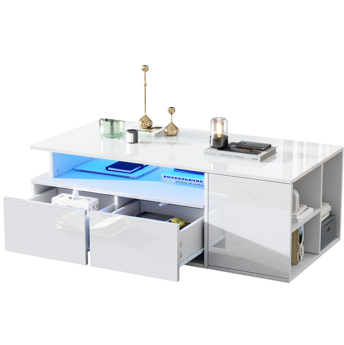 COUCHTISCH 100/50/35 cm mit LED-Beleuchtung, 2 Schubladen und seitlichen Fächern aus Spanplatte, Weiß - Weiß, Holzwerkstoff (100/50/35cm) - Redom