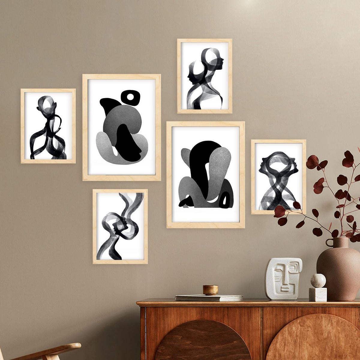 POSTER Set Mit 6 Bent Body Abstrakte Liebhaber Größe A3 & A4 Rahmen aus hellem Holz - Beige, Papier (29.7/1cm) - Nacnic
