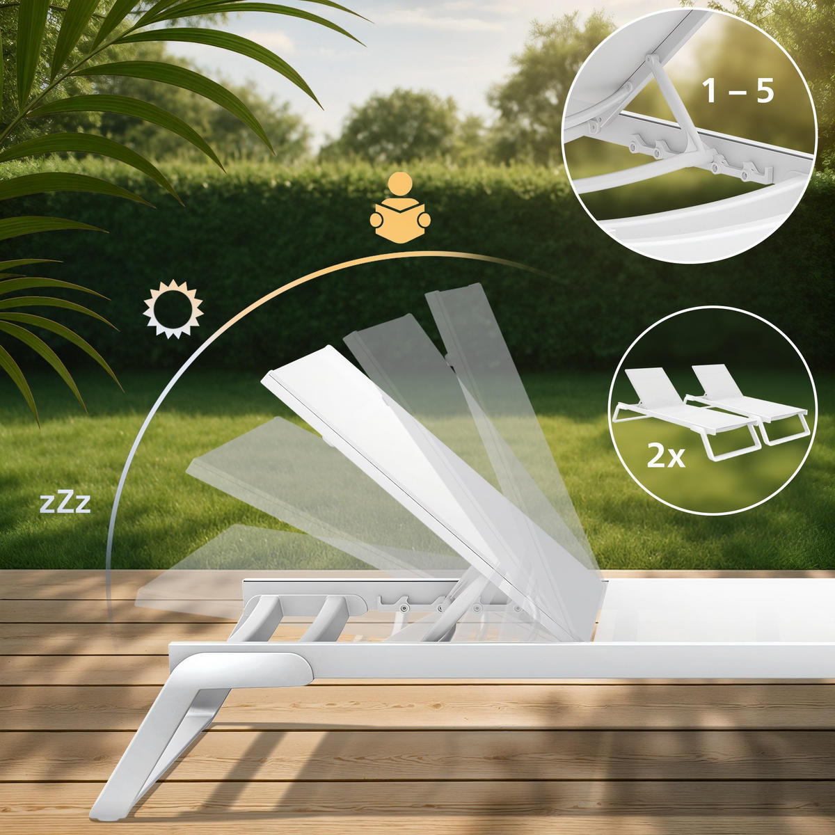 SONNENLIEGE Ralf 2er Set klappbar 72x210x31cm Metall Weiß Gartenliege - Weiß, Metall (72/31/210cm) - DELUKE