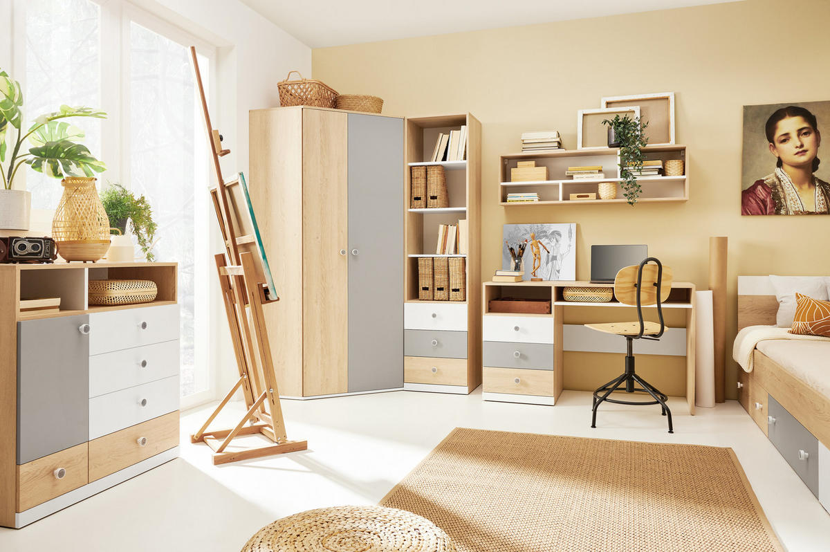 DREHTÜRENSCHRANK BRERA 90/190/90cm 2-türig Eichefarben - Eichefarben/Grau, Holzwerkstoff (90/190/90cm) - MASSENO