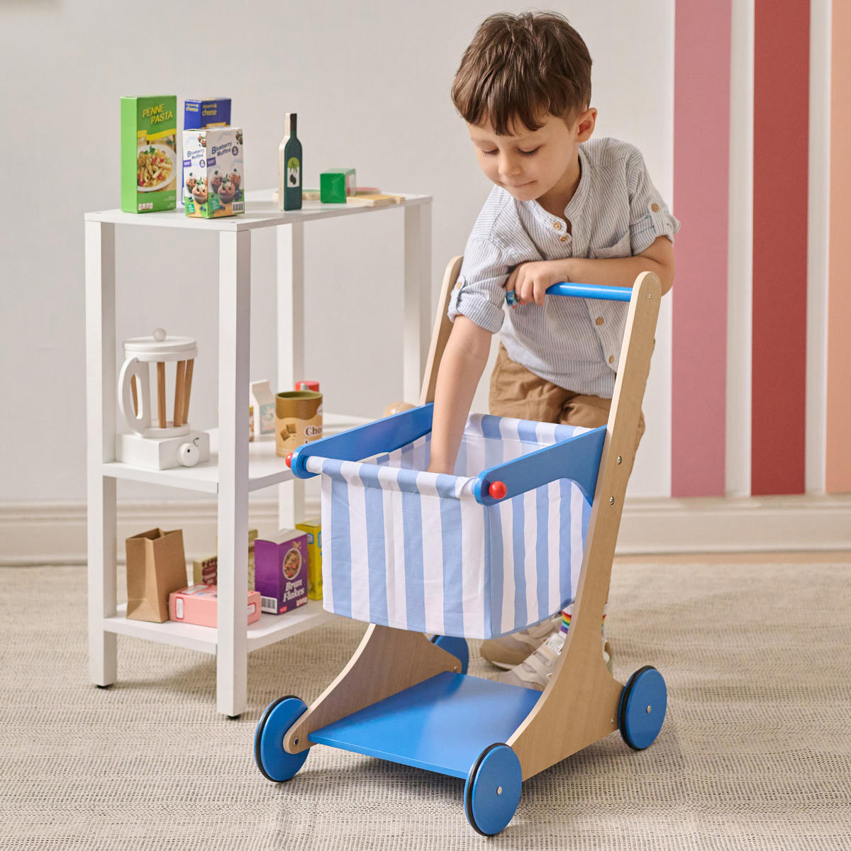 HOLZ Einkaufswagen, Blau, 60cm - Blau, Holzwerkstoff (32/60/45cm) - Teamson Kids