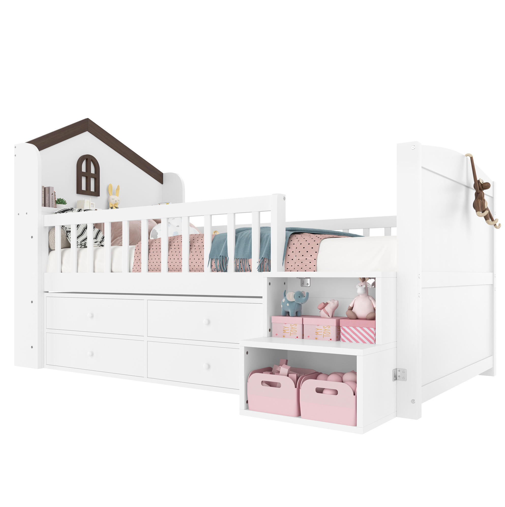 HALBHOHES Bett 90/200 cm in Weiß aus Kiefernholz und MDF mit LED-Beleuchtung und Stauraum - Weiß, Holz (90/200cm) - OKMYHOME