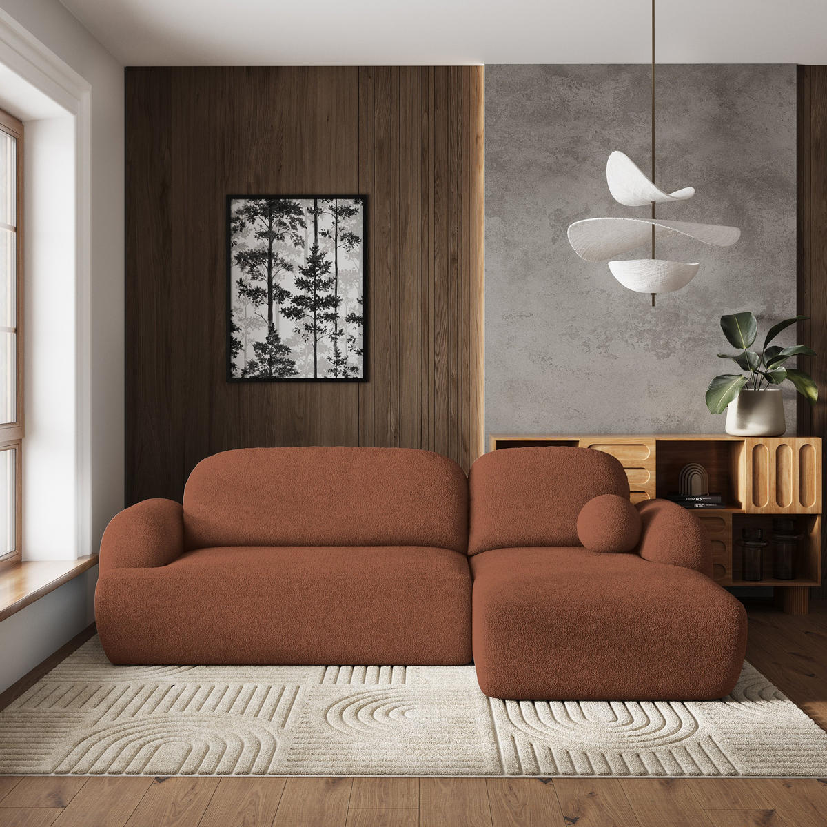 ECKSOFA MODENZA N R-S Orange Boucle-Stoff mit Schlaffunktion - Schwarz/Orange, Holz/Kunststoff (266/148cm) - MASSENO