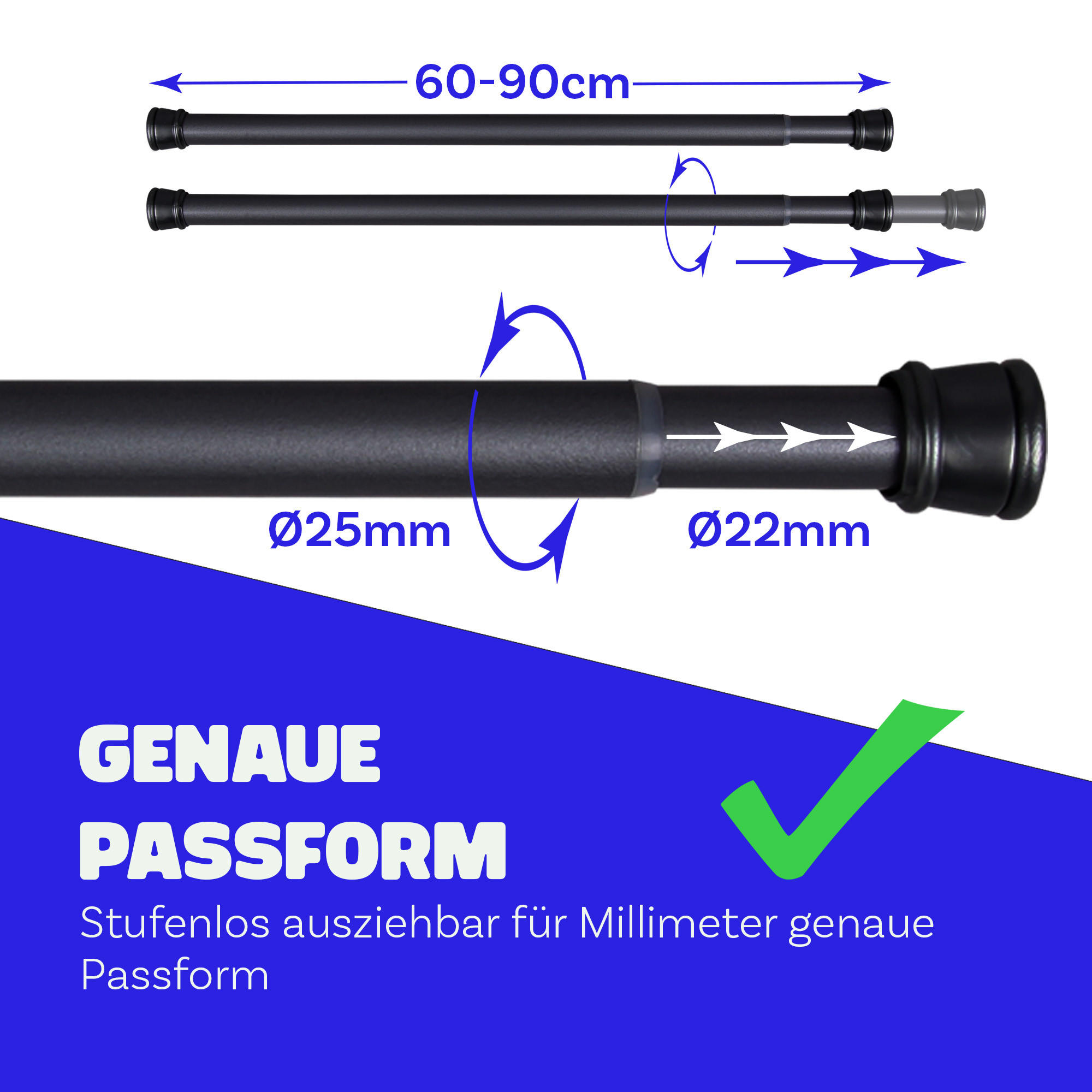 VERSTELLBARE Vorhangstange - Spannstange zum Klemmen Schwarz Ø22/25 mm 60-90 cm - Schwarz, Metall (60cm) - Bestlivings