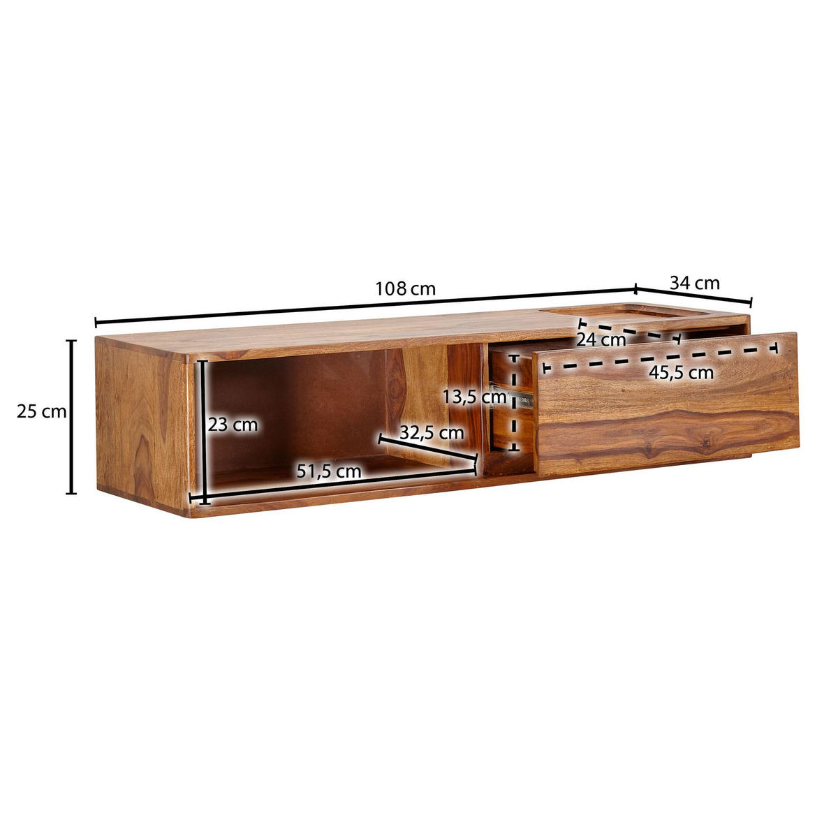 LOWBOARD Massivholz Modern Stil für Fernseher bis 50 Zoll mit Schublade und offenem Fach - Braun, Holz (108/25/34cm) - KADIMA DESIGN
