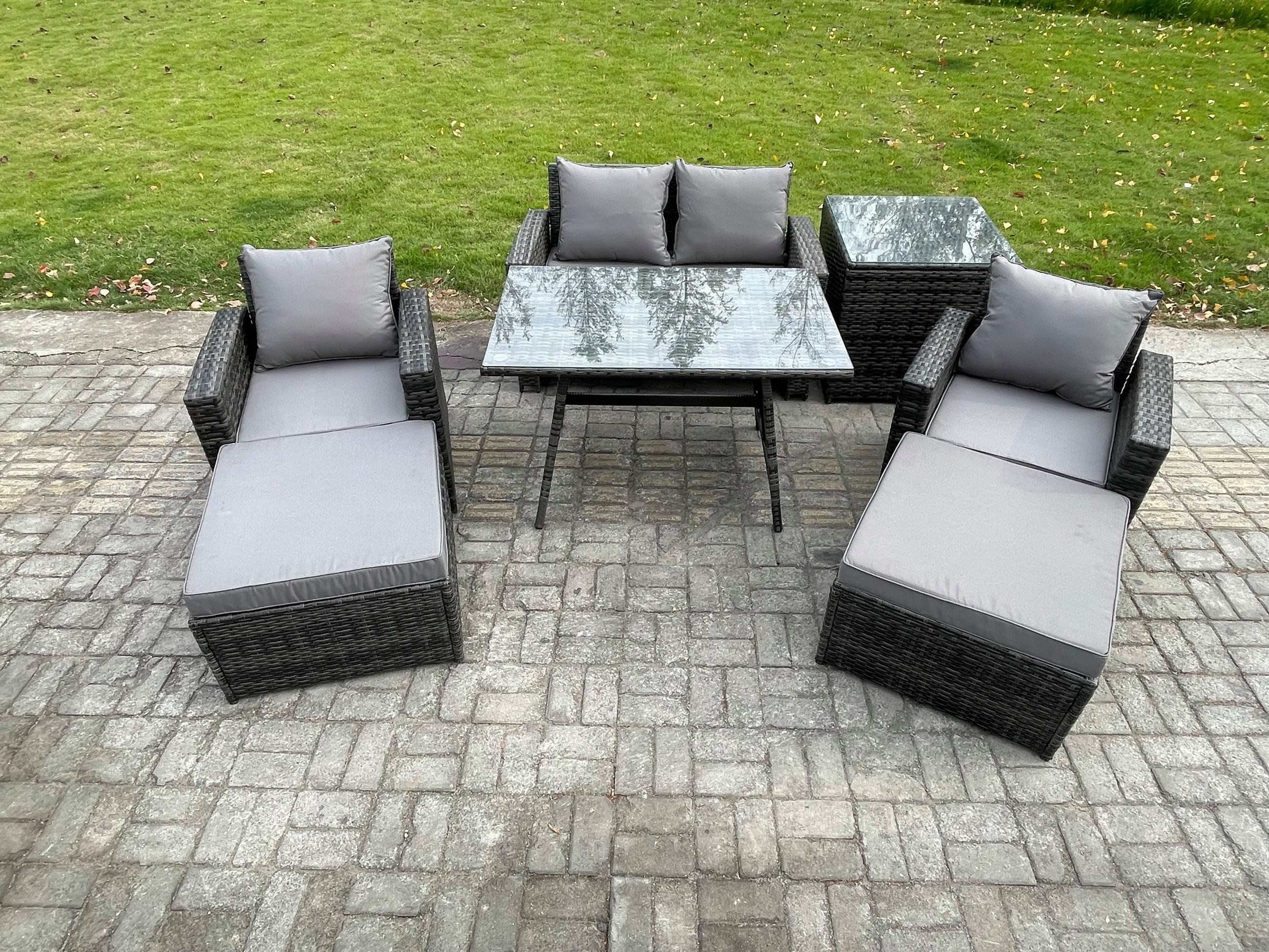 GARTENMÖBELSET mit ESSTISCH,HOCHLEHNER-SOFA Polyrattan Dunkelgrauer Mix 6-Sitzer - Dunkelgrau/Grau, Glas/Kunststoff - Fimous