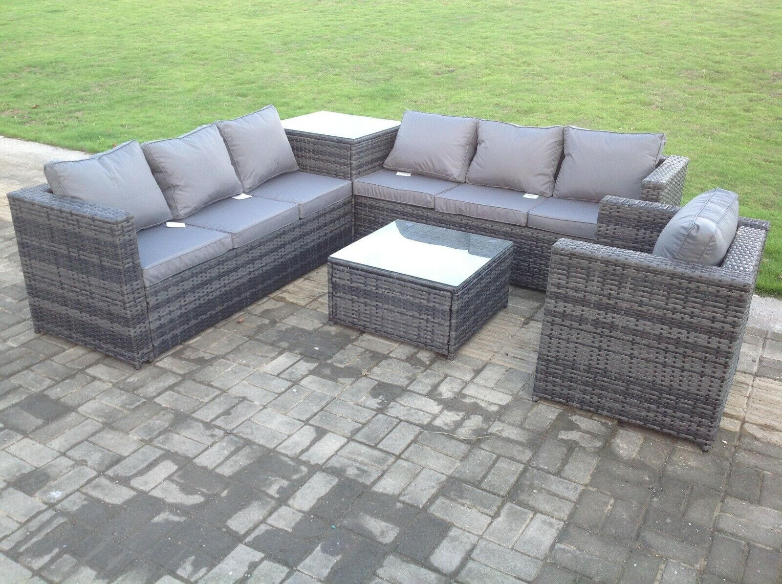 GARTENSET Polyrattan 7-Sitzer - Dunkelgrau/Grau, Glas/Kunststoff - Fimous